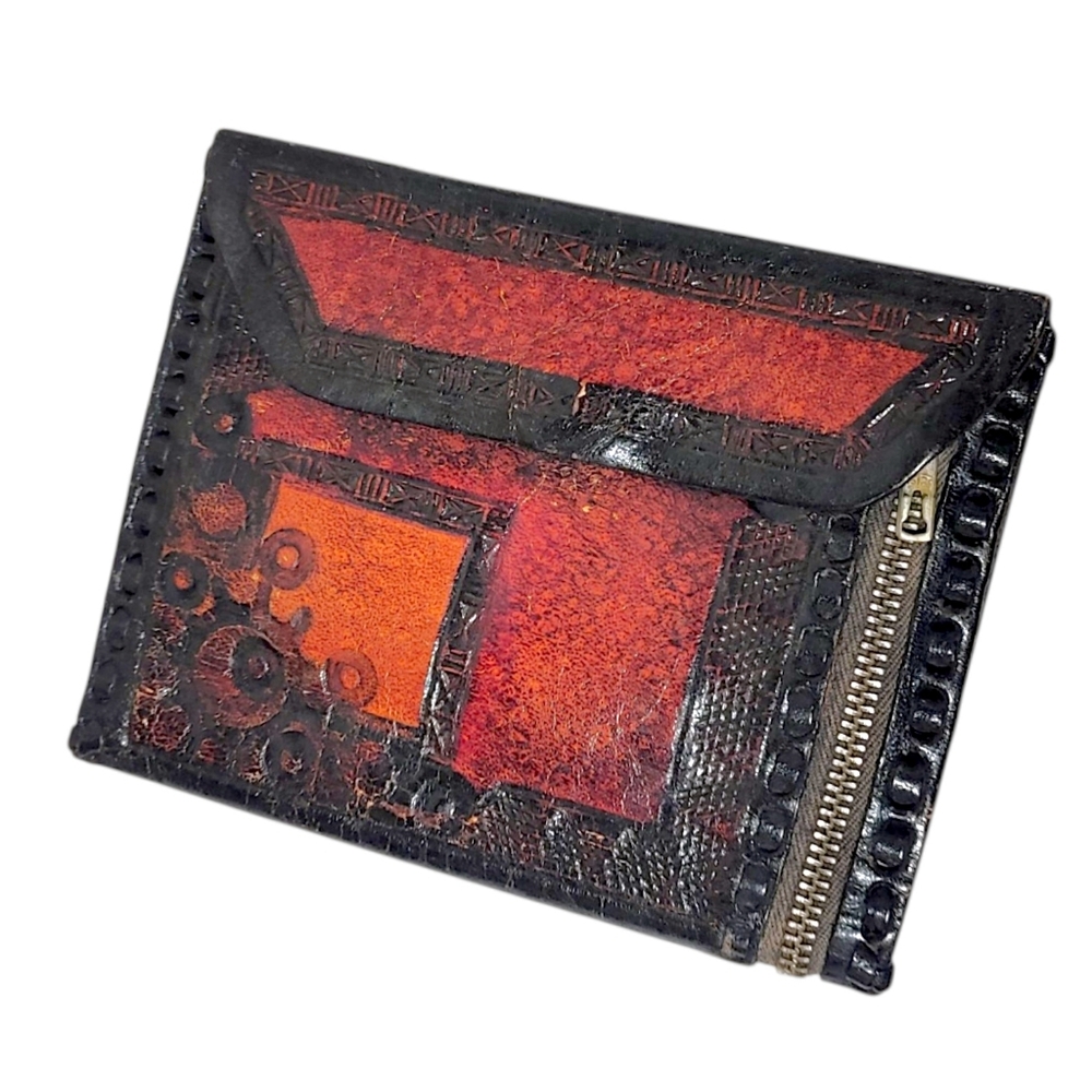 Handcrafted Hand-Tooled Leather Red Orange Bi Fold Western Snap Button Wallet